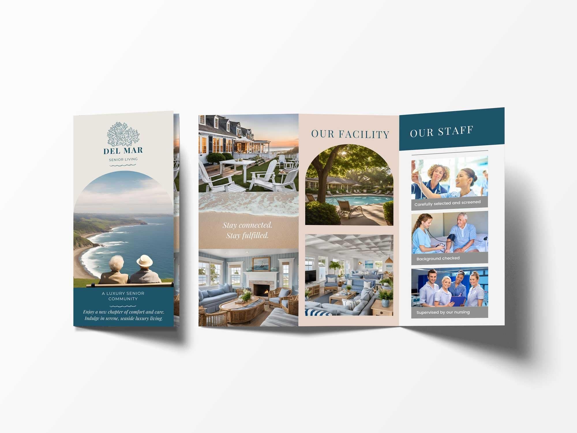 Del Mar Senior Living tri-fold brochure designed by Seaside, opened to show facility and staff pages
