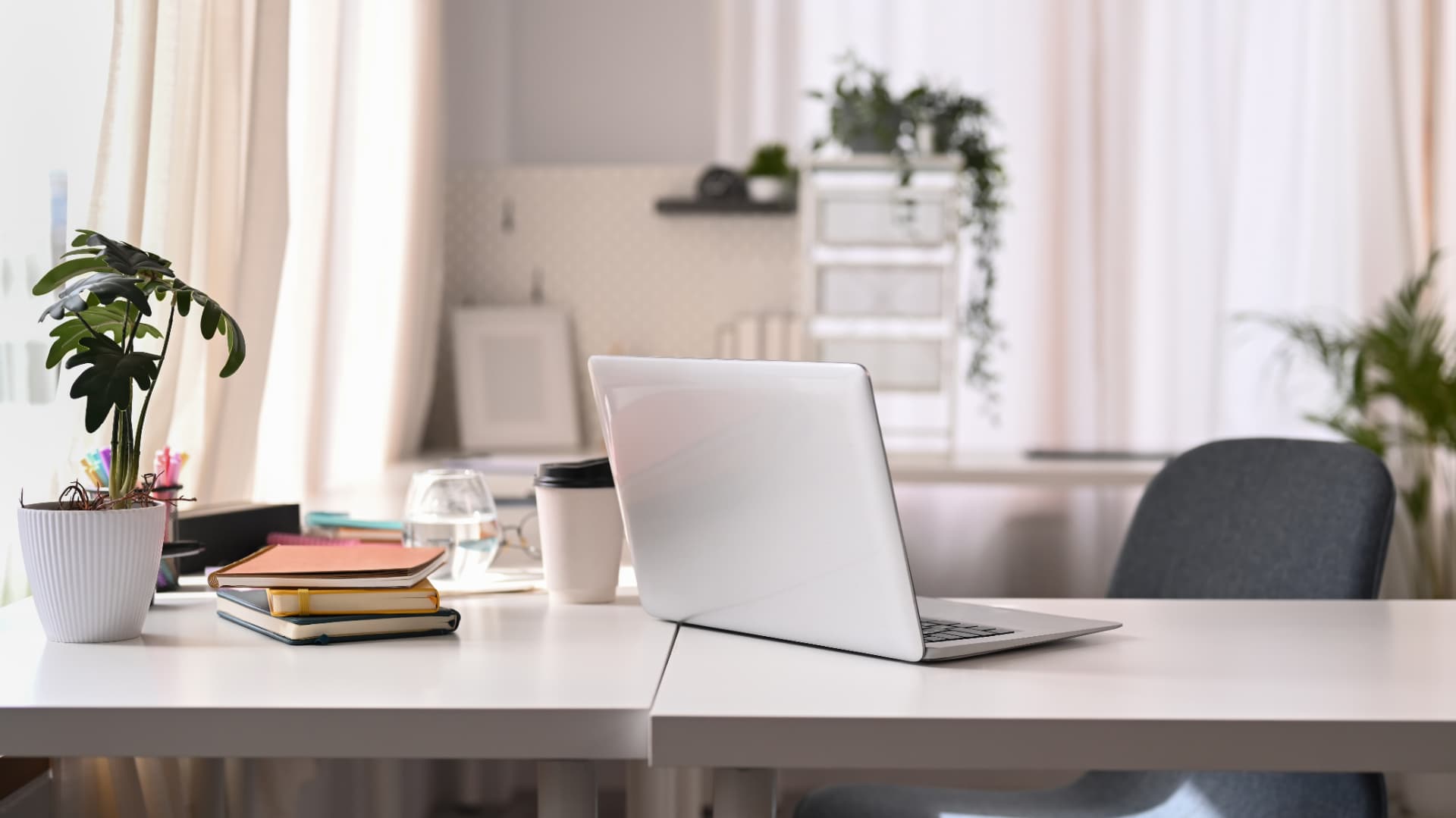 Laptop on a bright, plant-filled desk in a calm home office