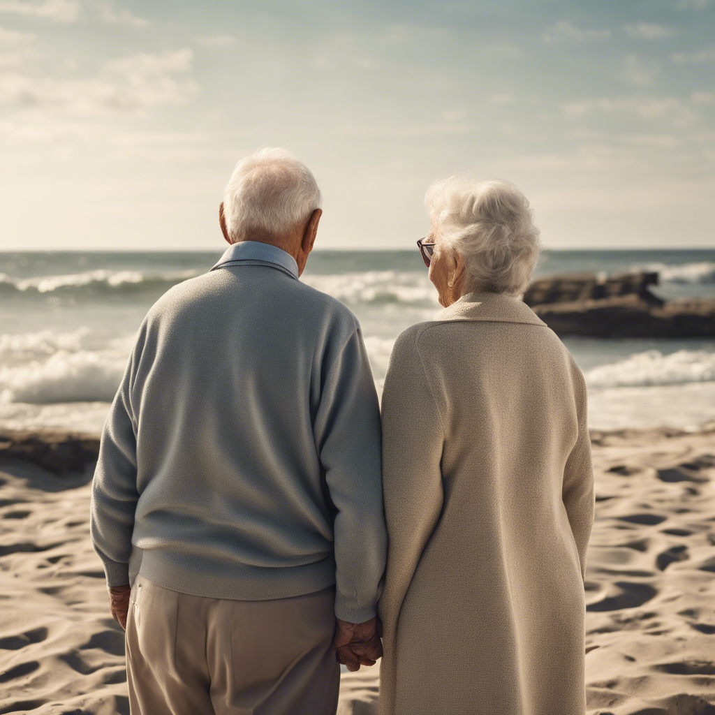 Senior couple holding hands on the sand looking out at the ocean